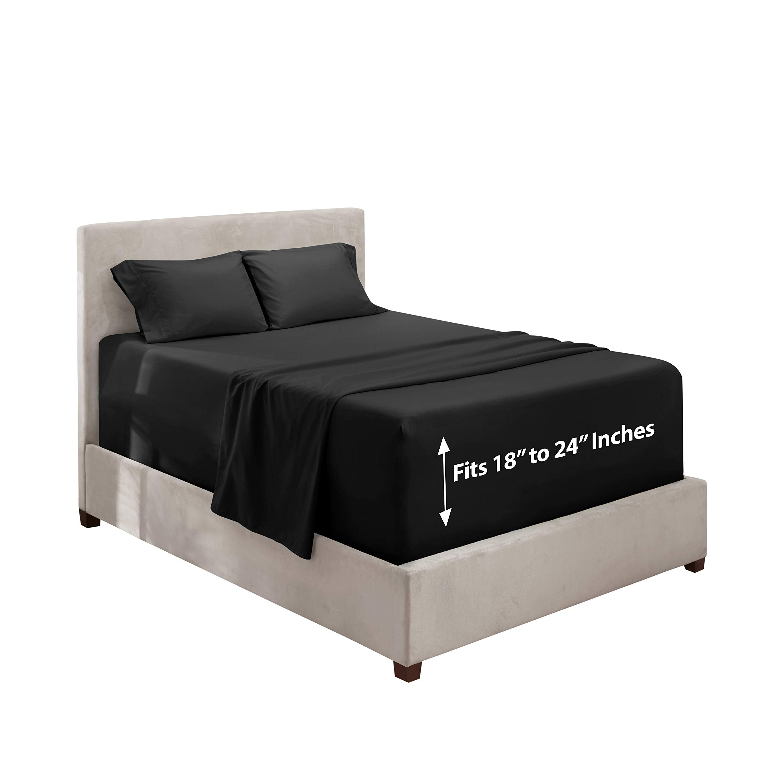 Hearth & Harbor Extra Deep Pocket King Sheets - 4 Piece Hotel Luxury King Sheet Set Fits Up To 24' Mattress - Ultra Soft Luxury King Bed Sheet Set - Soft & Breathable, King, Black