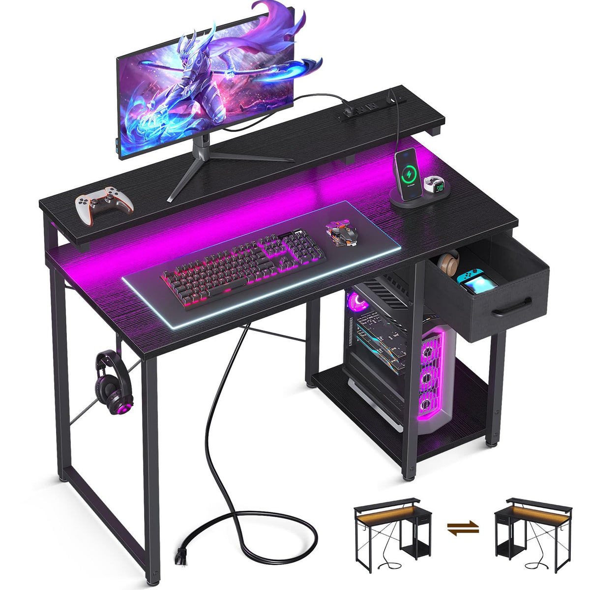 Aodk Gaming Desk With Led Lights & Power Outlet, 40 Inch Computer Desk With Drawer, Reversible Desk With Adjustable Monitor Shelf & Headphone Hook For Home Office, Black