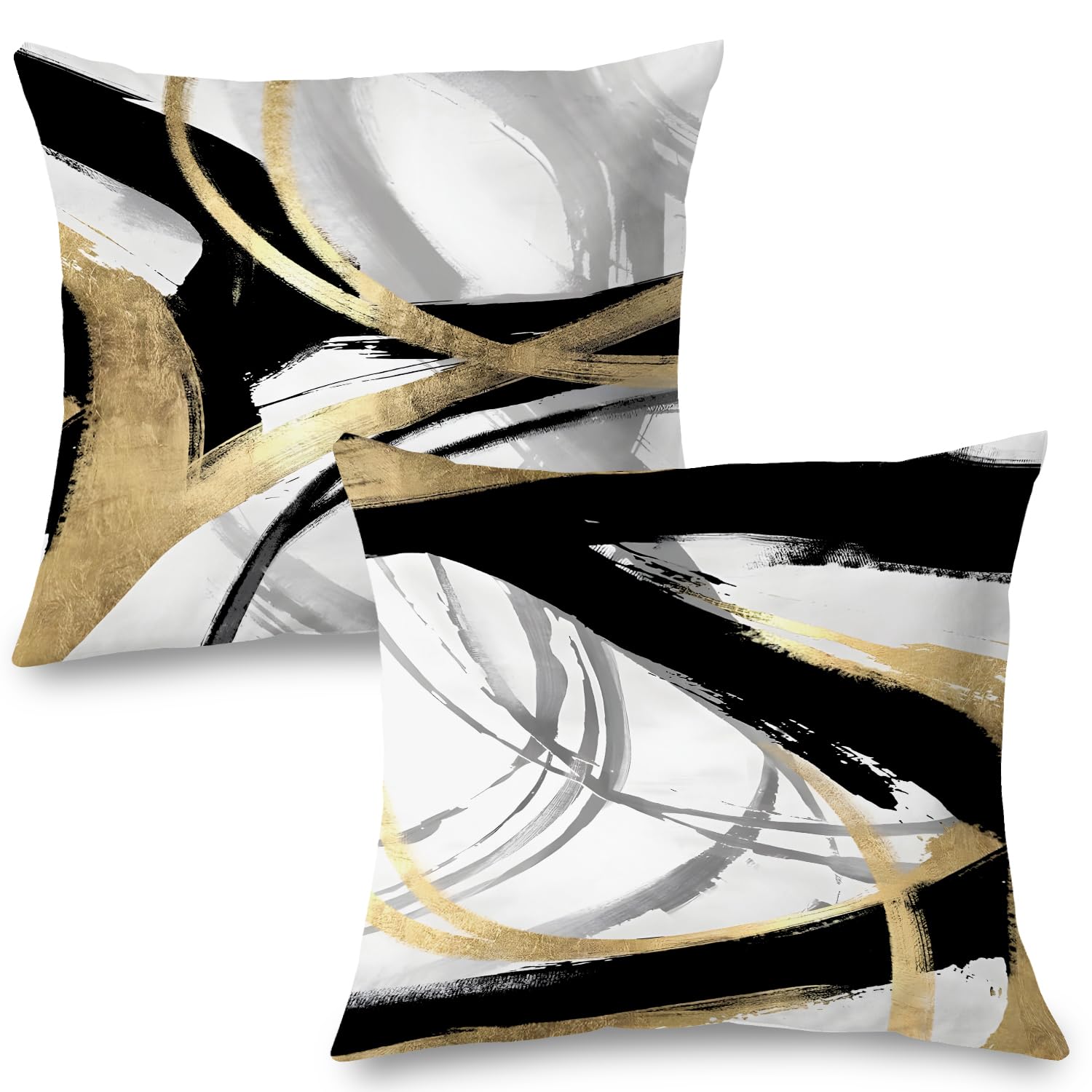 Supwhd Black White And Gold Pillow Covers, Abstract Black And Gold Pillow Covers 18X18 Set Of 2, Modern Boho Home Decor, Black A