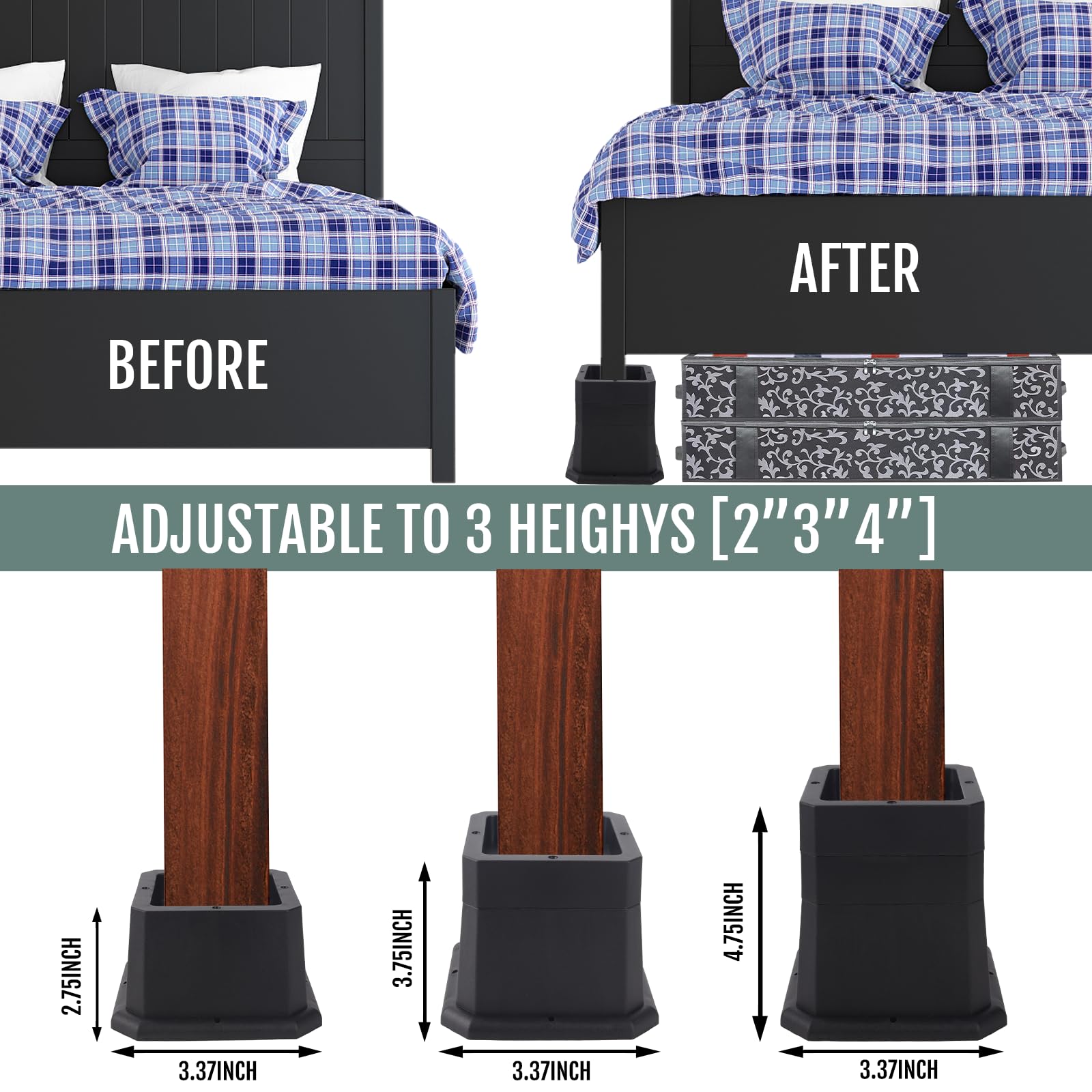 Btsd-Home Bed Risers 2, 3 Or 4 Inch Heavy Duty Furniture Risers Adjustable Dorm Bed Lifts Risers Table Desks Legs Blocks 4 Pack