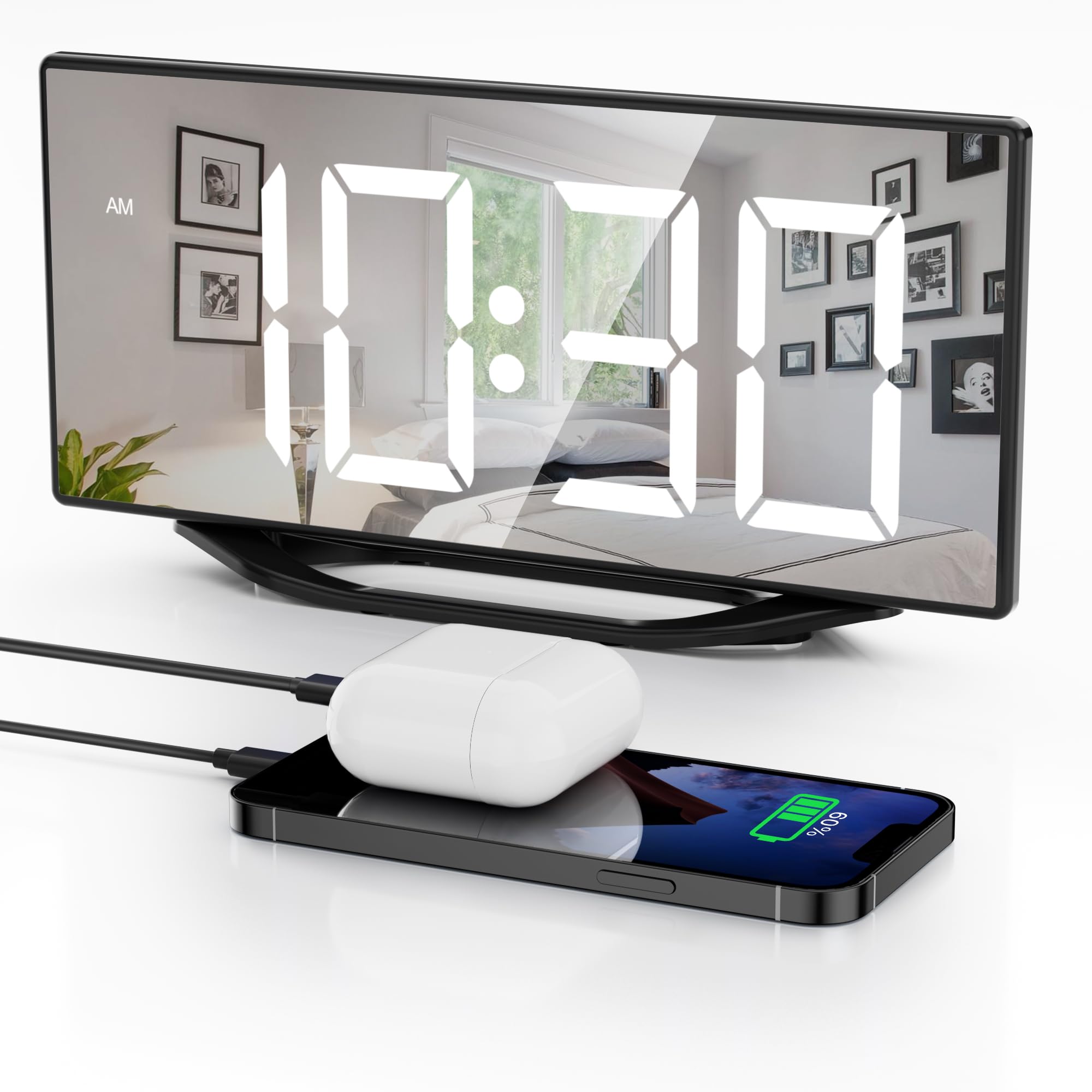 Digital Alarm Clocks for Bedrooms,8.7 LED Mirror Electronic Clocks with 2 USB Charger Ports,7 Levels Brightness & Alarm Volume,D