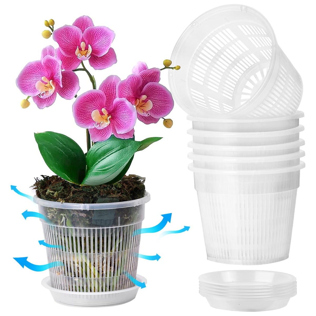 T4U Orchid Pot, 6 Pack 6.3 Inch Orchid Pots With Holes And Saucers, Clear Orchid Pots For Repotting, Plastic Flower Plant Pot Fo