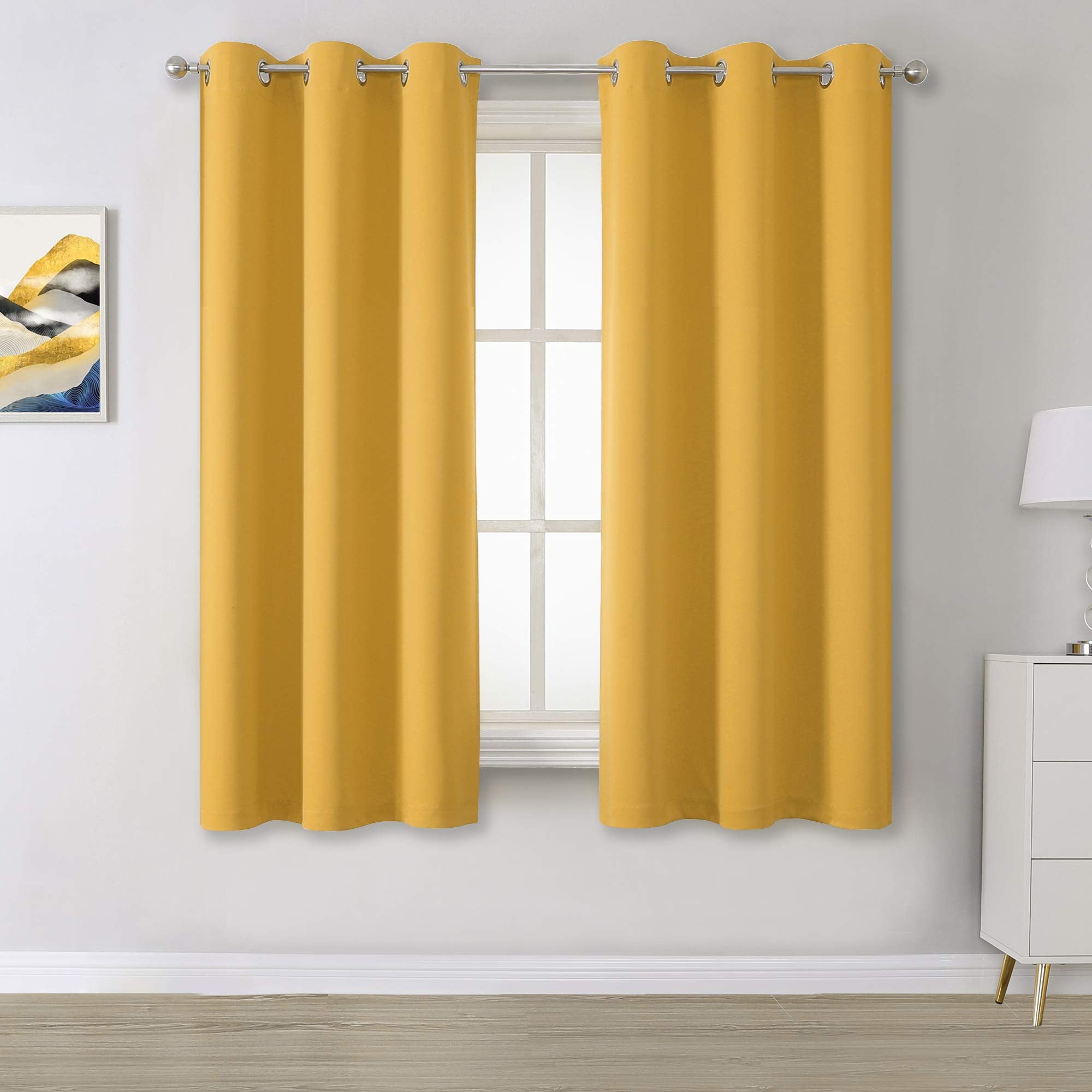 Dualife Gold Yellow Solid Blackout Curtains For Bedroom 45 Inches Long Short Room Darkening Window Drapes Thermal Insulated Curt