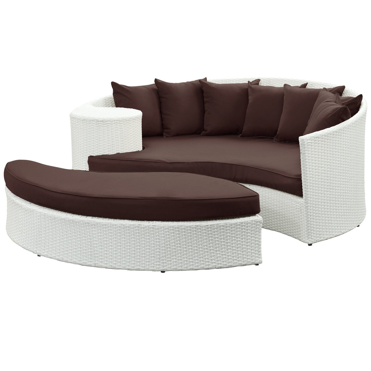 Lexmod Taiji Outdoor Wicker Patio Daybed With Ottoman In White With Brown Cushions