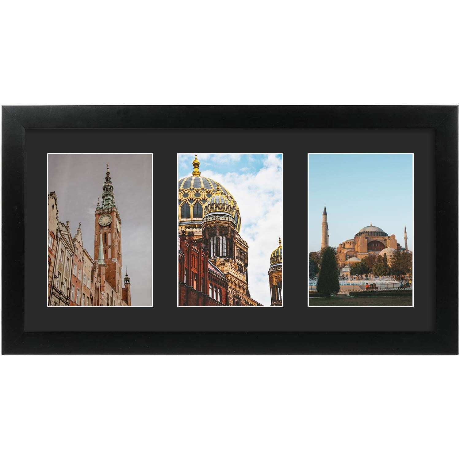 Golden State Art, 9x18 Black Wood Frame - Black Mat for Three 5x7 Pictures - Sawtooth Hangers- Swivel Tabs - Wall Mounting - Lan