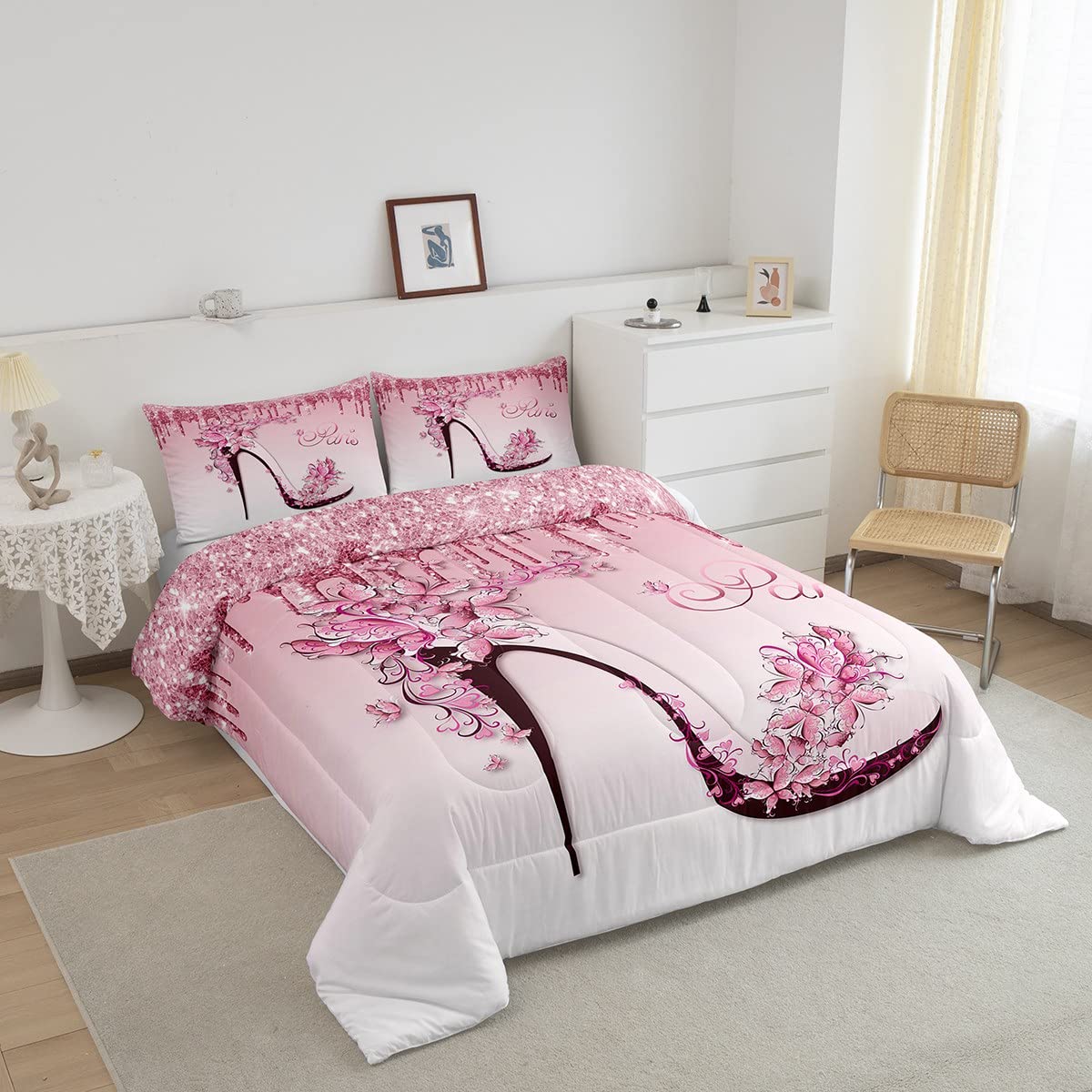 Woman Pink Bedding Set King Size,Flowers Butterfly High Heels Comforter Set For Kids Girls Home Decor,Fantasy Glitter Quilt Set Romantic Paris Duvet Insert,2 Pillowcases,Valentine Day Gifts