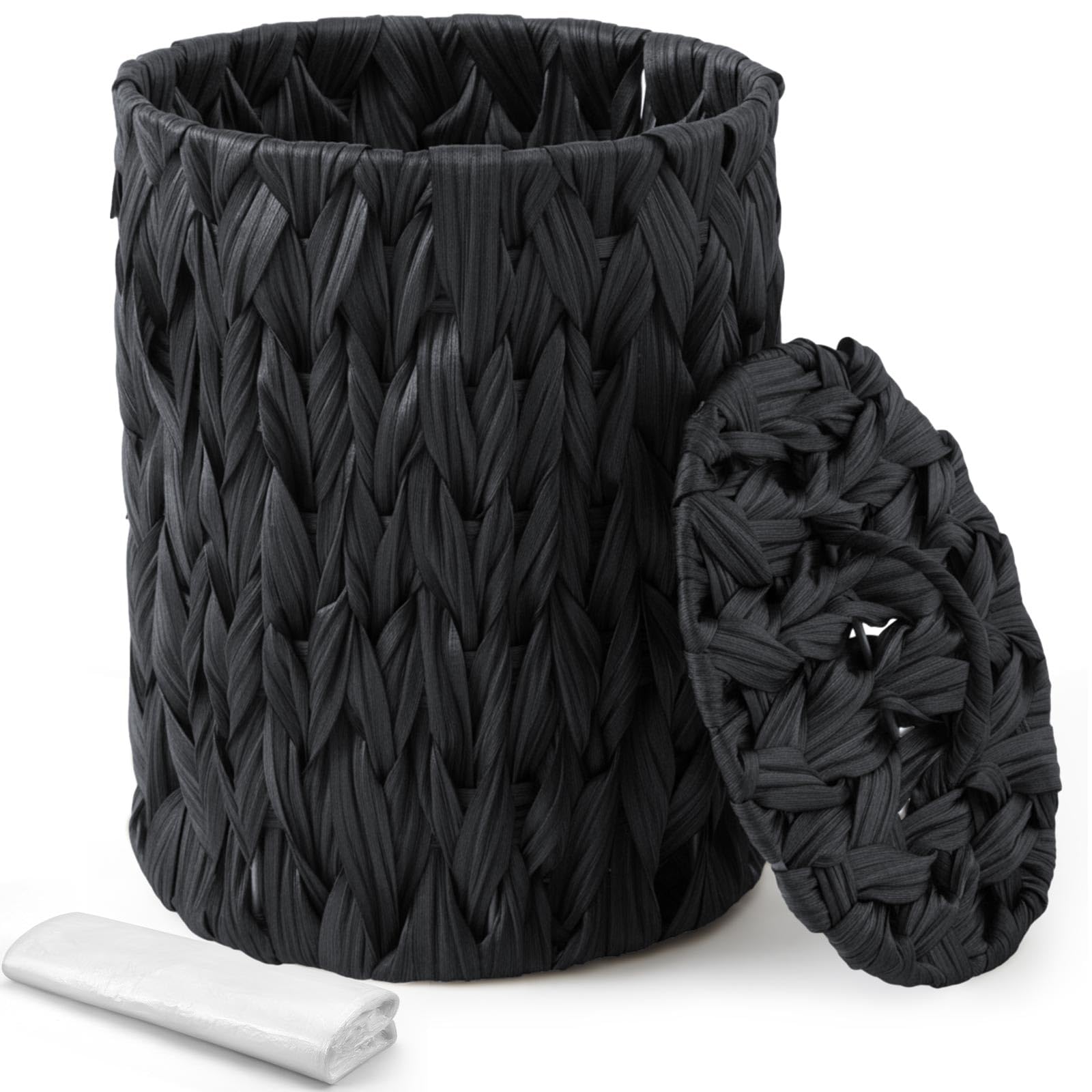 Ctosree 1.3 Gallons Small Trash Can with Lid Handle Boho Woven Braided Bathroom Waste Basket Trash Can with 100 Garbage Bags for