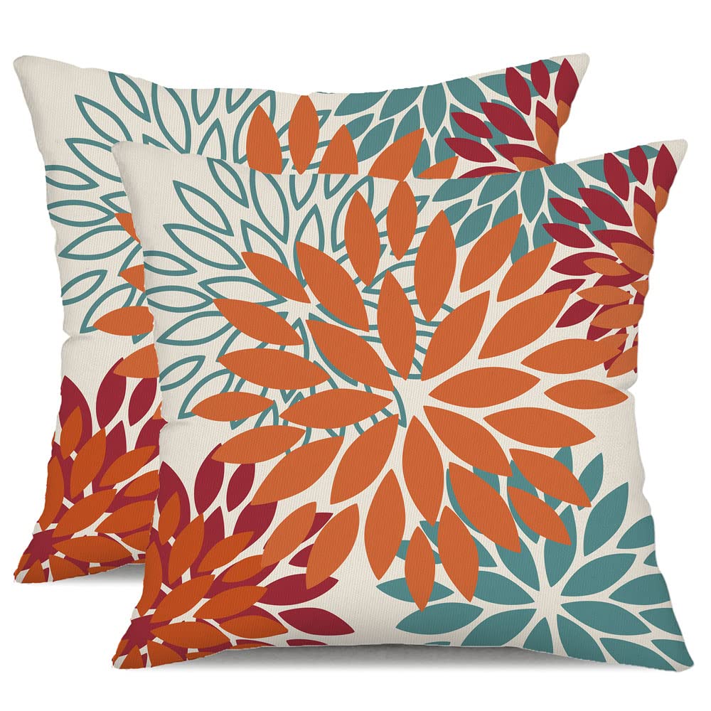 Dfxsz Orange Teal Red Flower Pillow Covers 16X16 Inch Set Of 2 Fall Throw Pillows Outdoor Waterproof Decor For Living Room Sofa