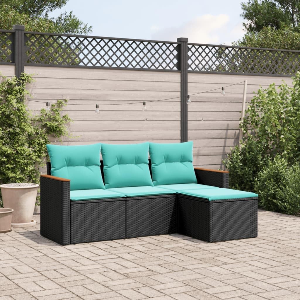 vidaXL - Outdoor Patio Sofa Set with Cushions - 4 Piece Black Poly Rattan Furniture - Modular Design with Storage - Blue Cushions