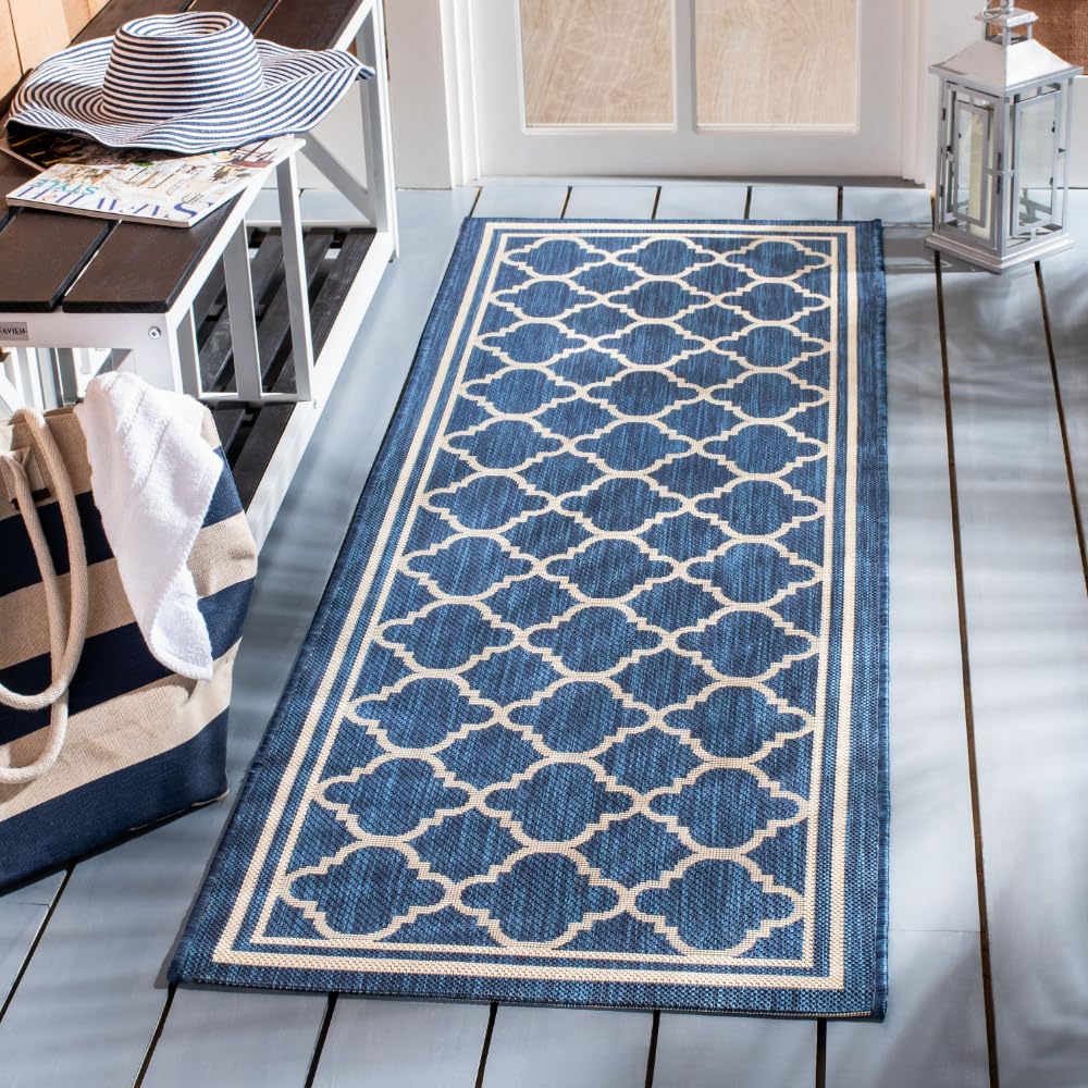 Safavieh Courtyard Collection 2'3' X 16' Navy/Beige Cy6918 Trellis Indoor/ Outdoor Patio Backyard Mudroom Runner Rug