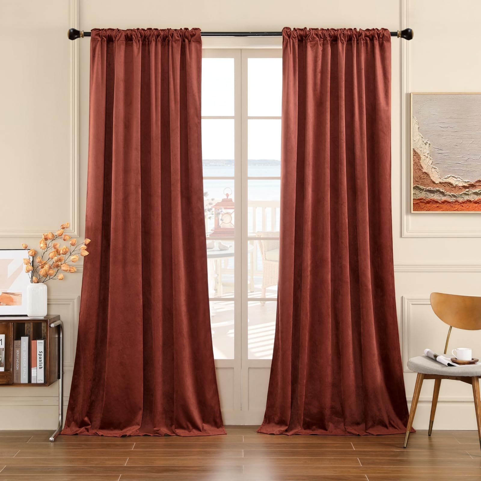 Nemia Rust Burnt Orange Velvet Curtains For Bedroom Window, Rod Pocket Thermal Insulated Luxury Vintage Heavy Blackout Curtain V