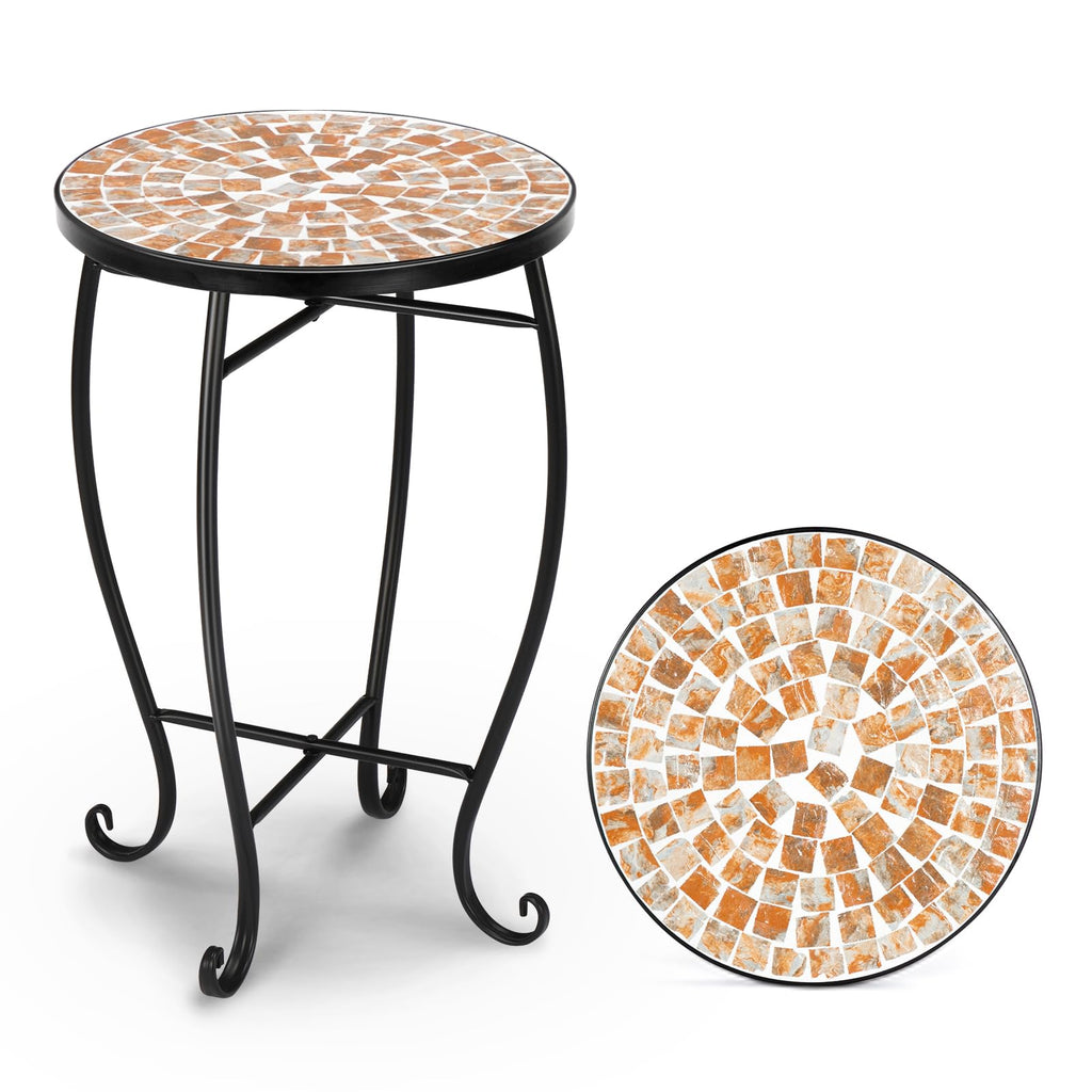 Vingli Mosaic Outdoor Side Table, 14' Round End Table, Accent Table, Plant Stand Ideal For Pool Side, Porch, Patio, Deck Or Sofa Side, Glass Top Black Iron, Golden Yard