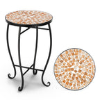 Vingli Mosaic Outdoor Side Table, 14' Round End Table, Accent Table, Plant Stand Ideal For Pool Side, Porch, Patio, Deck Or Sofa Side, Glass Top Black Iron, Golden Yard