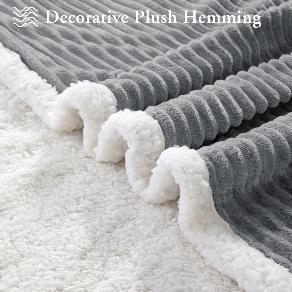 Lbro2M Striped Sherpa Fleece Bed Blanket Twin Size, Super Soft Fuzzy Plush Warm Cozy Fluffy Microfiber Couch Throw Velvet Double Reversible Luxurious Blankets (65X90),Grey