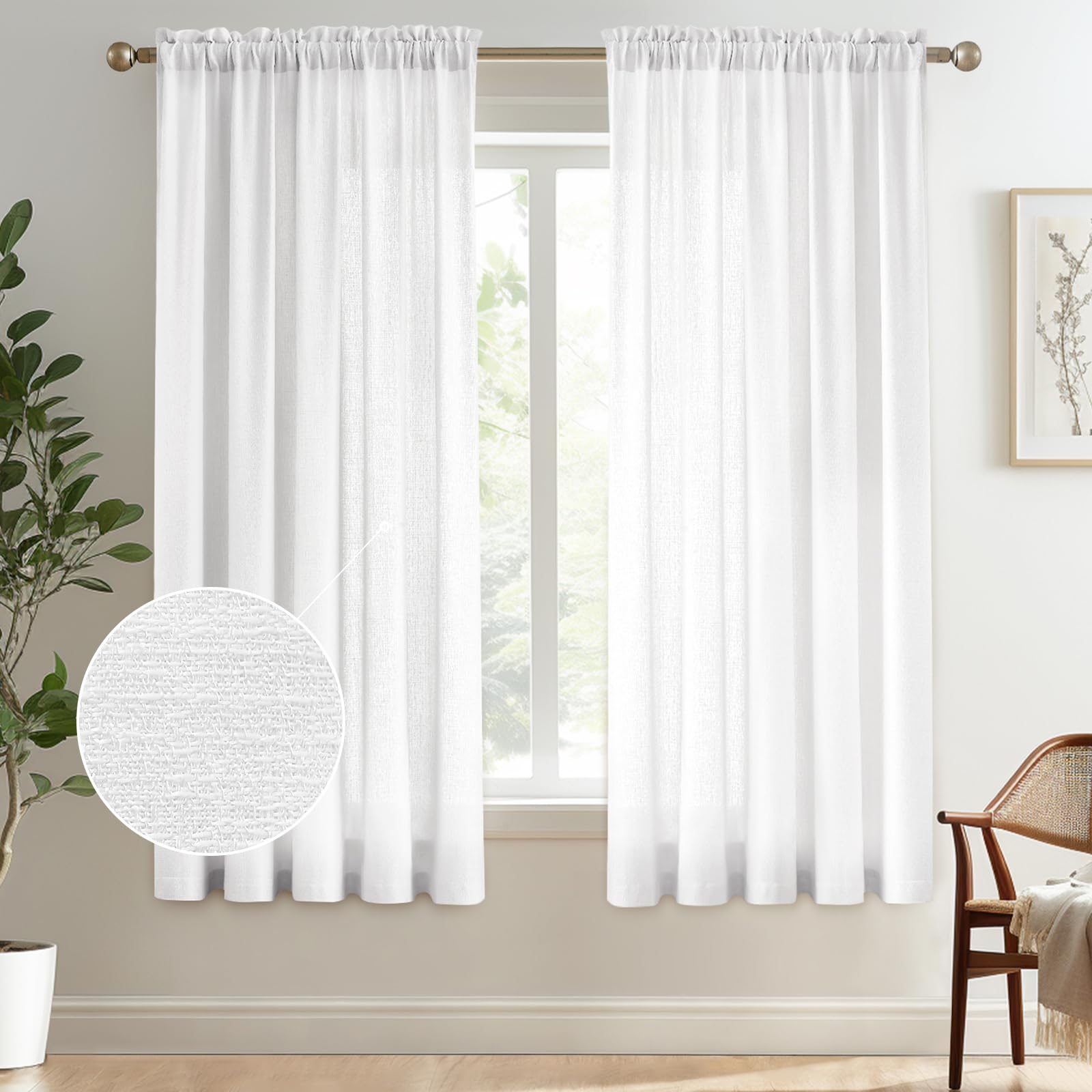 Melodieux White Semi Sheer Curtains 72 Inches Long For Bedroom, Living Room Linen Look Privacy Window Rod Pocket Sheer Drapes, 5