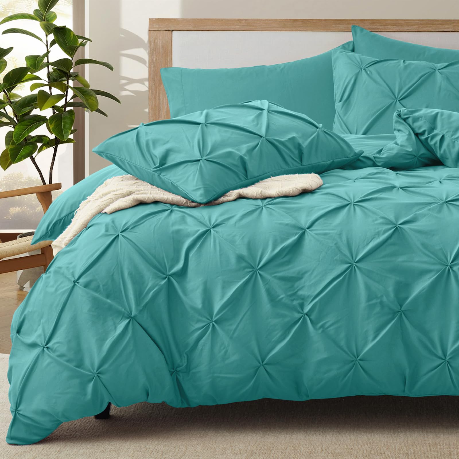 Vacvelt 5 Piece Pinch Pleated Duvet Cover Full/Queen Size Set, Teal Pintuck Duvet Cover With Zipper & 8 Ties, Shabby Chic Microf