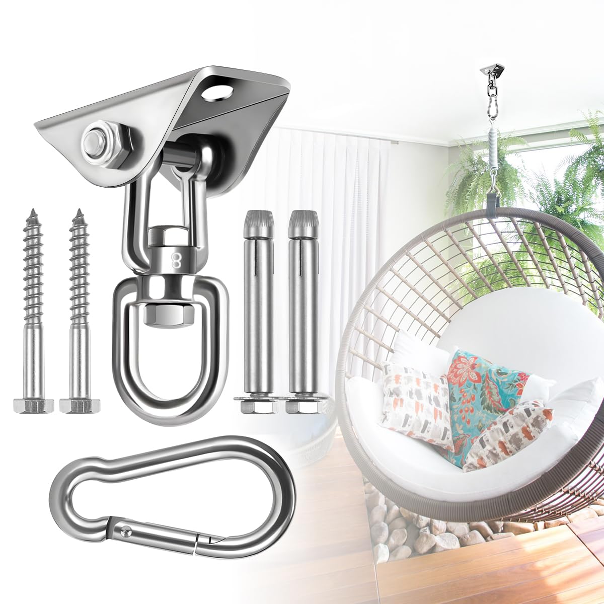 Hammock Hanging Kit,Hanging Chair Hardware 360°Rotating 1200 Lb Capacity Hammock Hooks Heavy Duty,Hammock Chair Hanging Kit & Swing Ceiling Hook Snap For Hammock Chair Stand,Seat,Tree,Yoga,Gym(Silver)