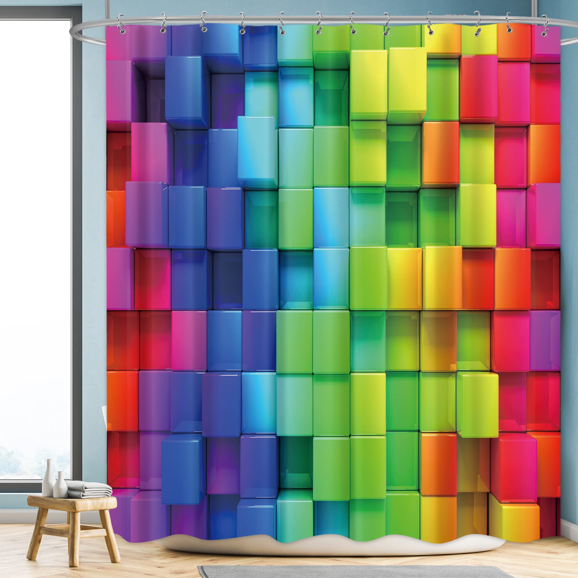 Riyidecor Colorful Rainbow Brick Wall Shower Curtain Bright Geometric Plaid 72Wx72H Inch Abstract Neon 3D Plastic Hooks 12 Pack 