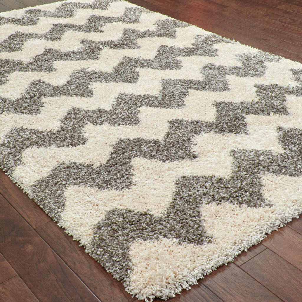 HomeRoots 507919 10 x 13 ft. Gray & Ivory Geometric Shag Power Loom Stain Resistant Rectangle Area Rug