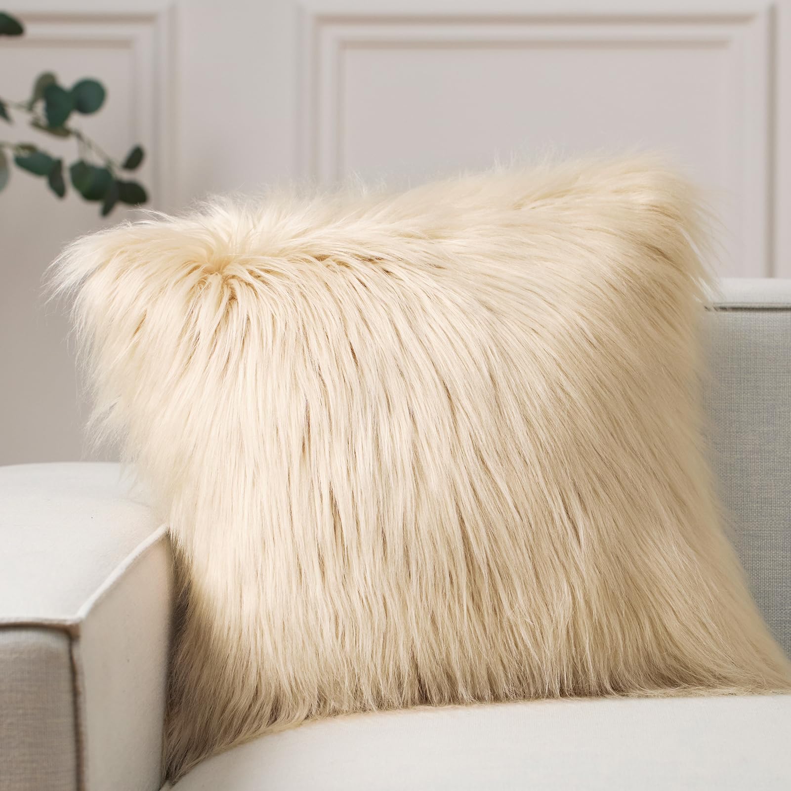 Phantoscope Faux Fur Pillow Cover Decorative Fluffy Throw Pillow Mongolian Luxury Fuzzy Pillow Case Cushion Cover For Bedroom And Couch, Light Beige 20 X 20 Inches