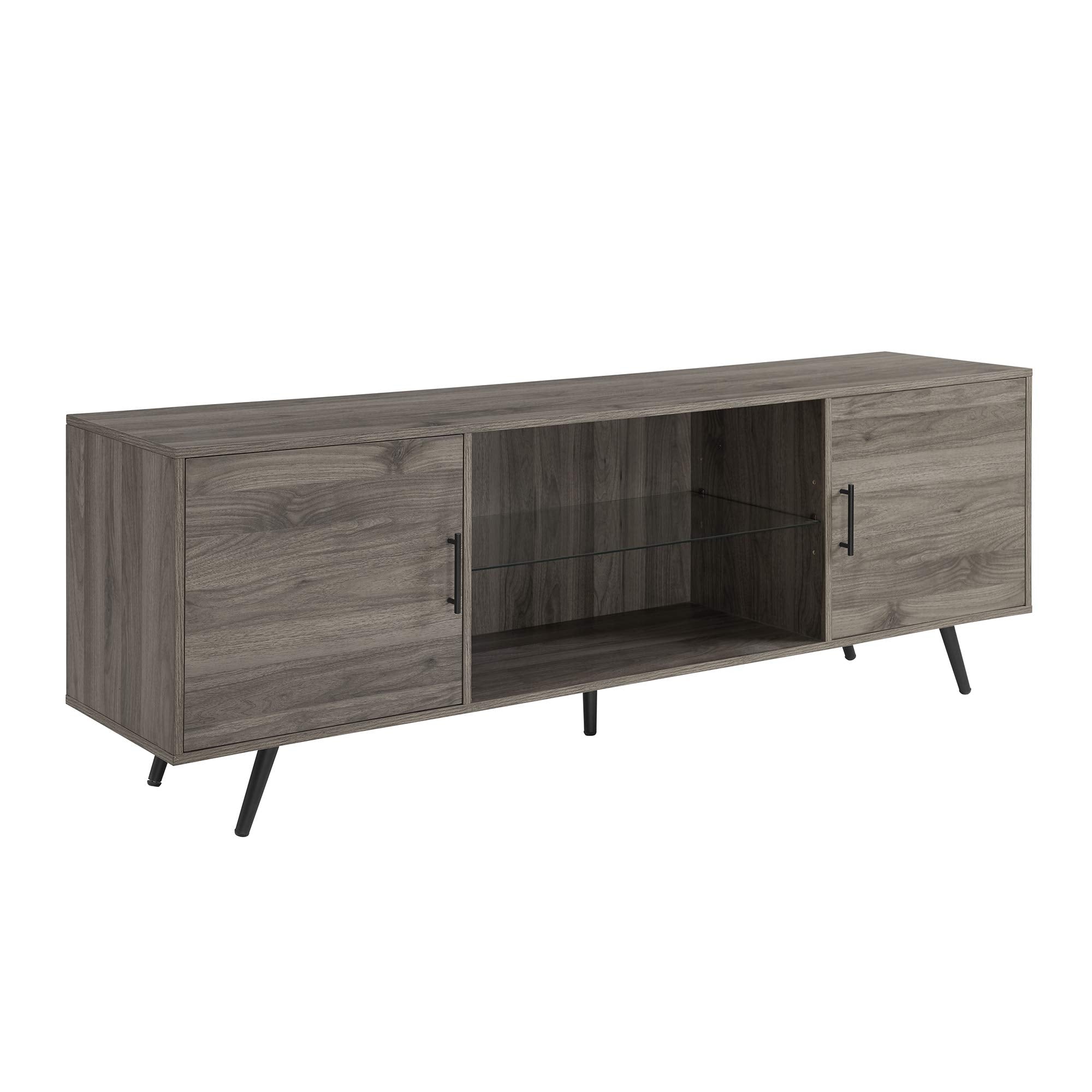Walker Edison Saxon Mid Century Modern 2 Door Glass Shelf TV Stand for TVs up to 80 Inches, 70 Inch, Grey