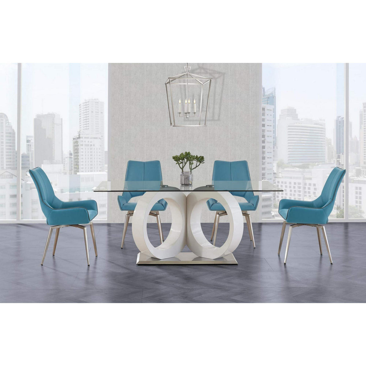 HomeRoots White Tone Geometrical Style Base with Rectangular Glass Top Dining Table