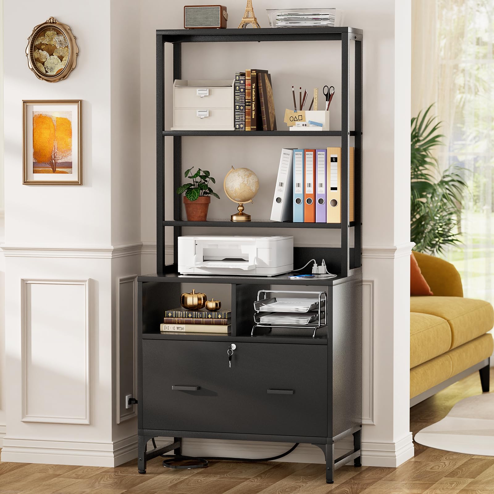 Homieasy File Cabinet With Charging Station, Vertical Filing Cabinet With Lock & Large Drawer, Printer Stand With Storage Shelves, Office Storage Cabinet Fits Letter/A4/Legal Size, Black