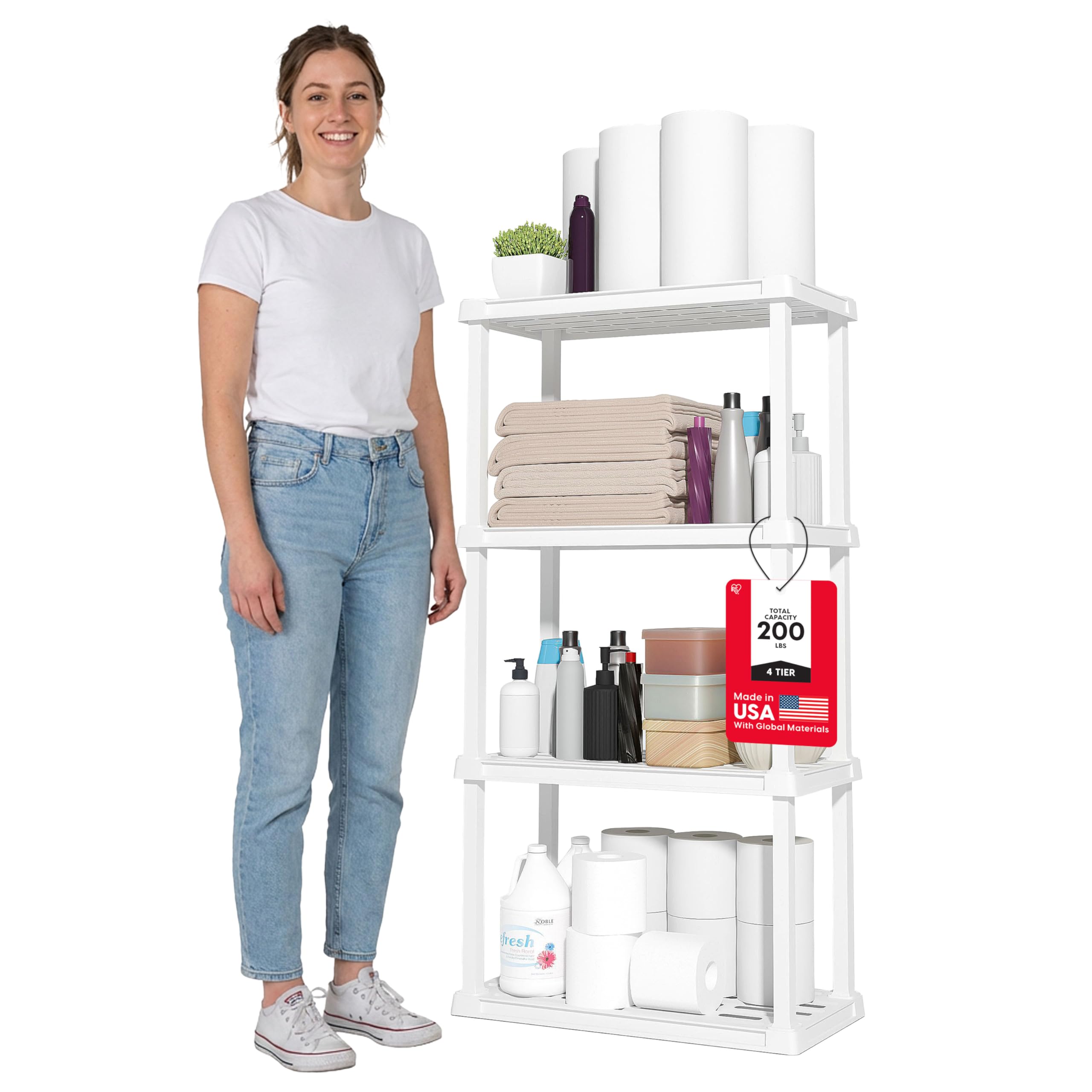 IRIS USA 4-Shelf Light Duty Plastic Storage Shelves, 200lb Capacity, 48 H x 24 W x 12 D, Medium Modular Shelving Unit Storage Or
