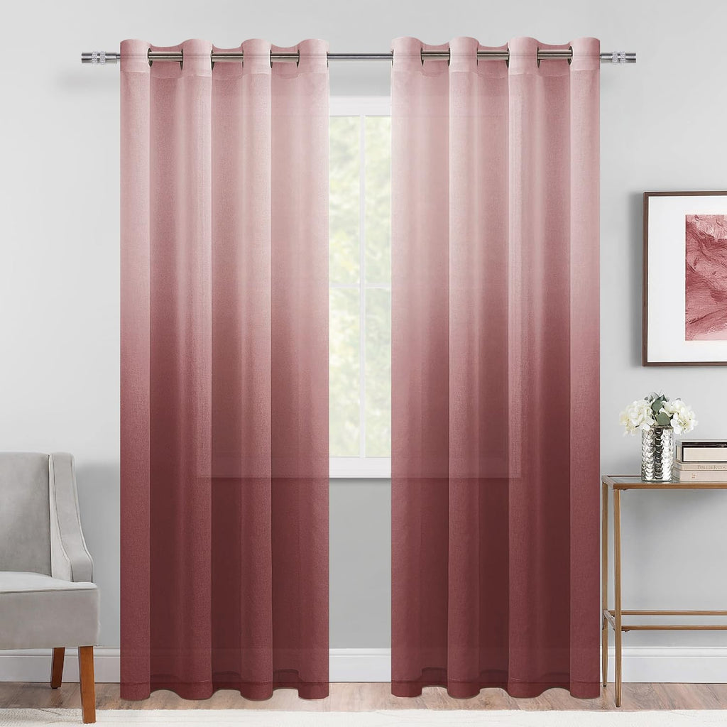 DWCN Faux Linen Ombre Sheer Curtains - Gradient Semi Voile Grommet Top Window Curtains for Bedroom and Living Room, Set of 2 Pan