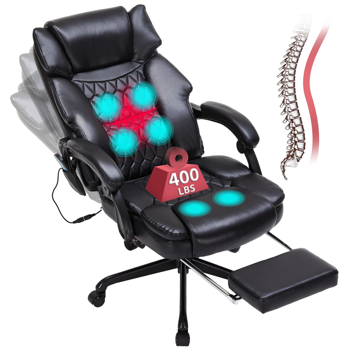 6 Points Massage Office Chair With Heat,Reclining Office Chair With Foot Rest,Vibration Home Office Desk Chairs For Heavy People