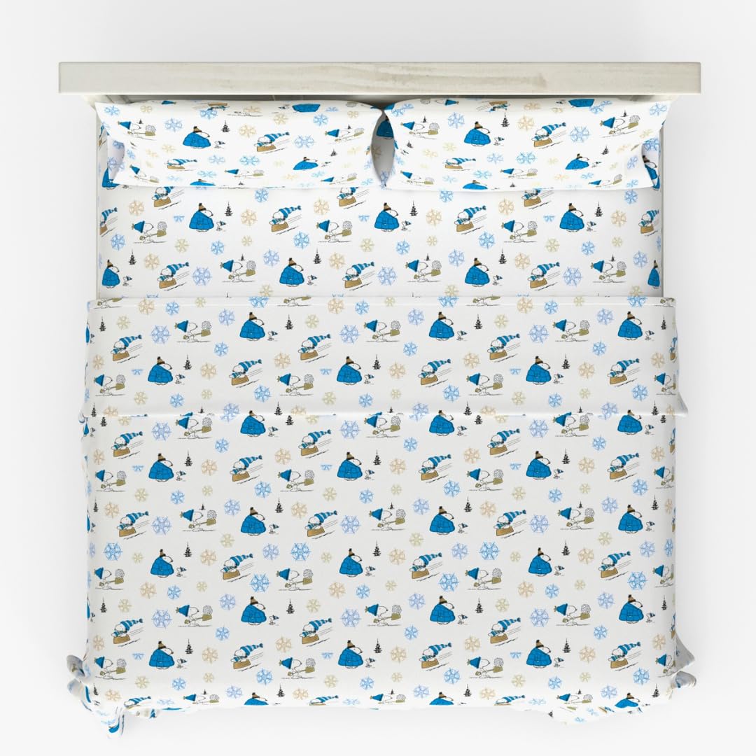 Franco Peanuts Snoopy Puffer Coat Holiday & Christmas Bedding Super Soft 100% Cotton Flannel Sheet Set, King, (Officially Licens