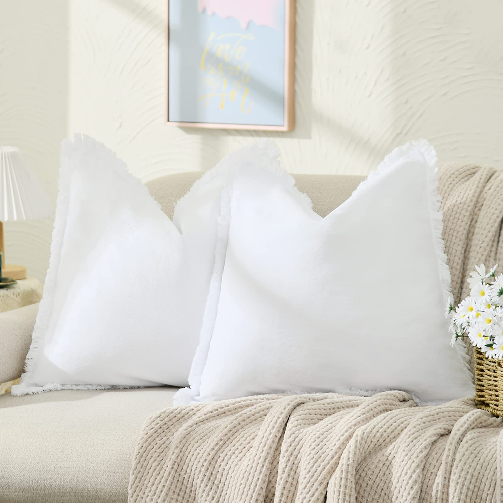 Zwjd Pillow Covers 22X22 Set Of 2 White Throw Pillow Covers With Fringe Chic Cotton Decorative Pillows Square Cushion Covers For