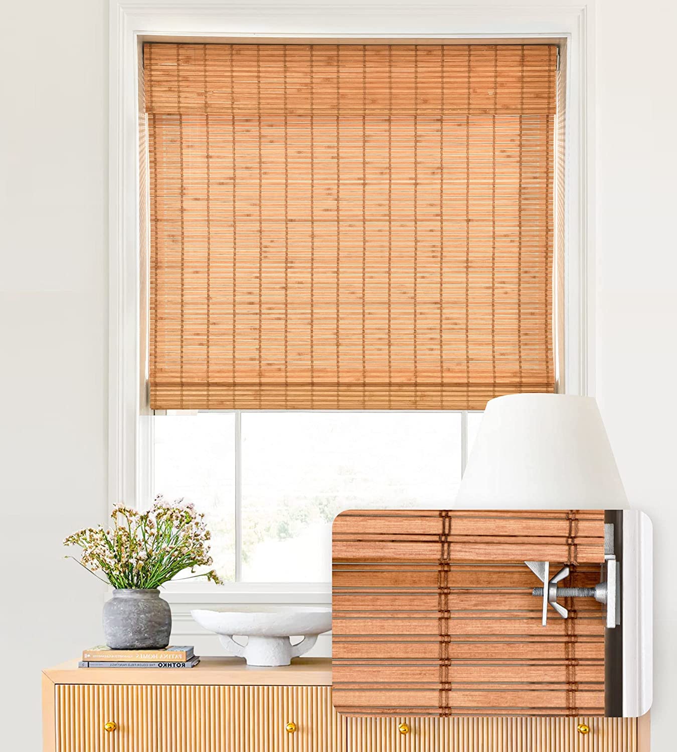 LazBlinds No Tools No Drill Cordless Bamboo Roman Shades, Light Filtering Window Treatment, Roll Up Bamboo Blinds for Window 21