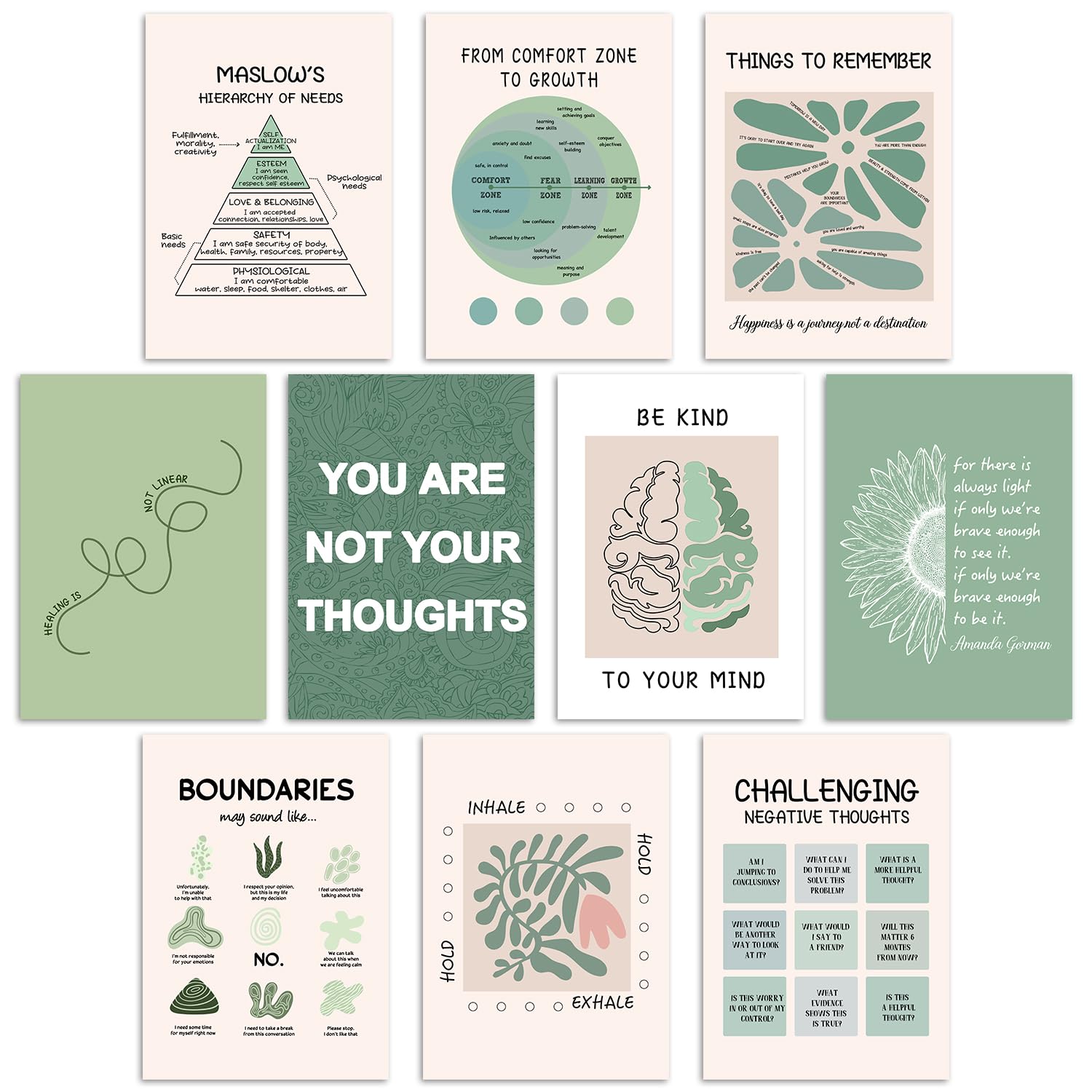 10Pcs Greenary Care Mental Health Posters, Mental Health Matters Poster, Therapy Office Decor, Counseling Office Must Haves, Sch