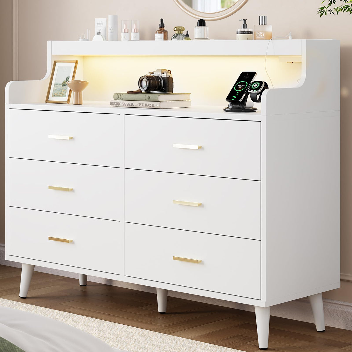Reahome 47.2 ' Wooden Dresser For Bedroom With Charging Station And Led Lights, Modern Makeup Vanity With 6 Drawers, Chest Of D