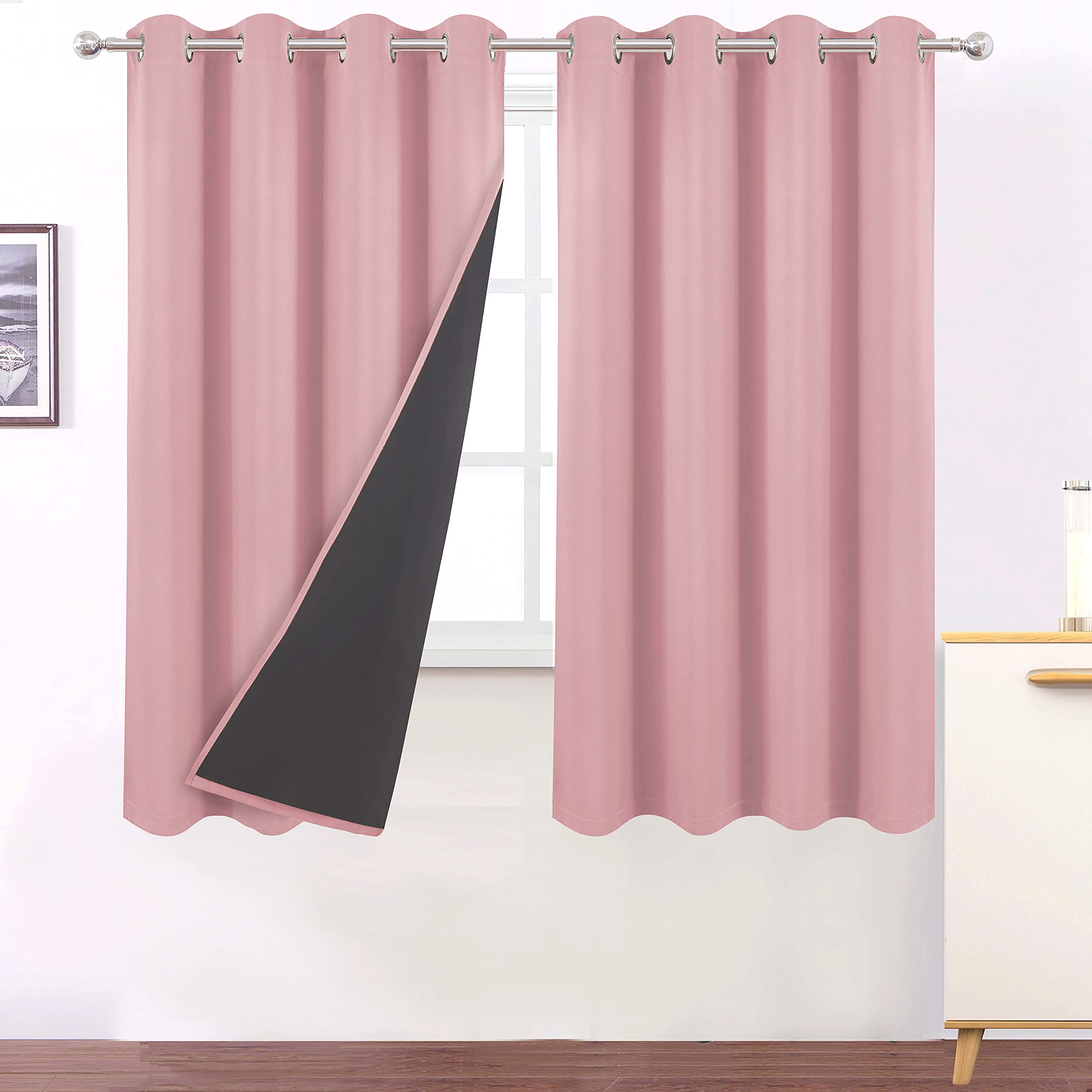 LEMOMO 100% Blackout Curtains 52 x 72 Inch/Pink Curtains 2 Panels with Black Lining Room Darkening Thermal Insulated Bedroom Cur