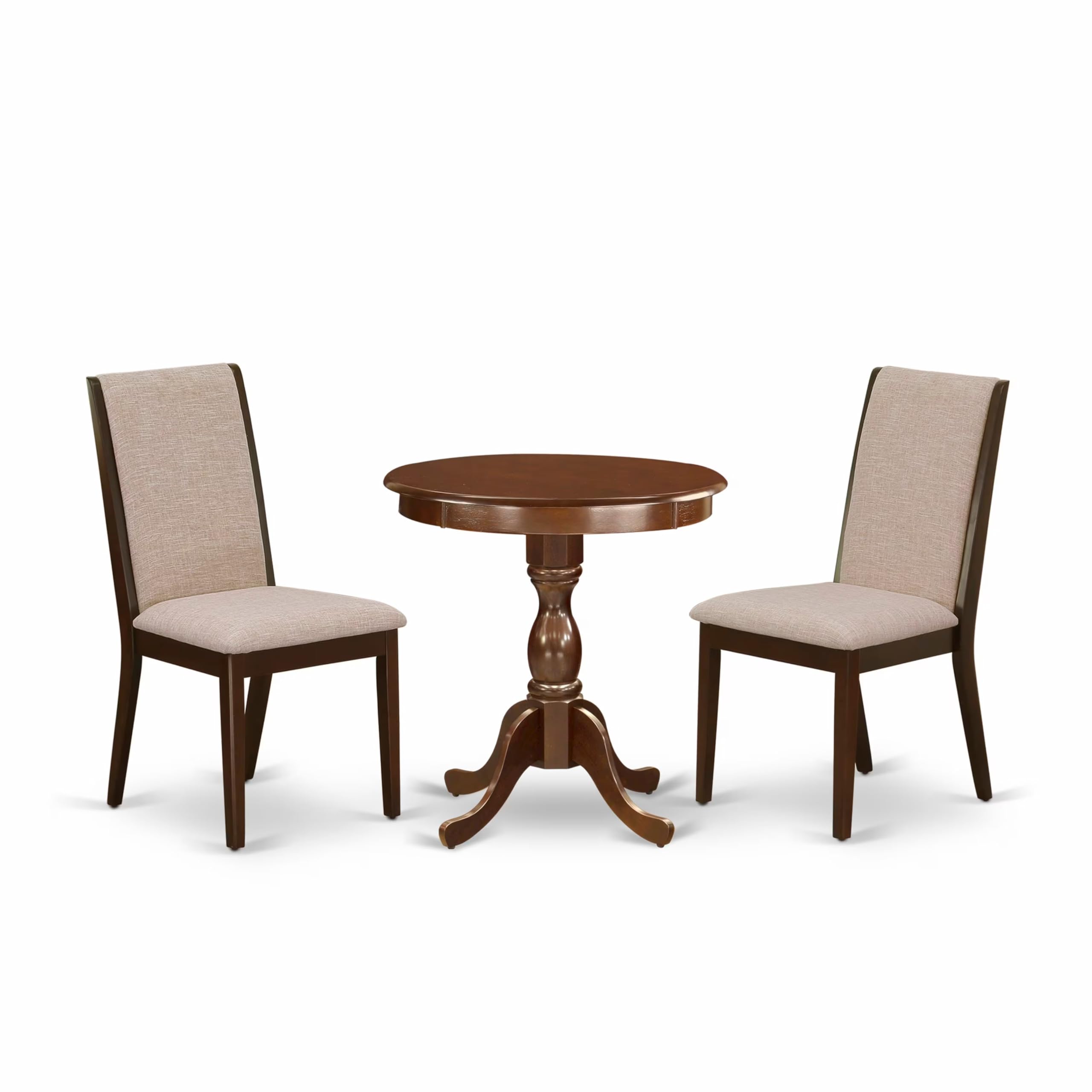 East West Furniture Esla3-Mah-04 3 Piece Kitchen Table & Chairs Set Contains A Round Dining Room Table With Pedestal And 2 Light Tan Linen Fabric Parsons Chairs, 30X30 Inch, Mahogany