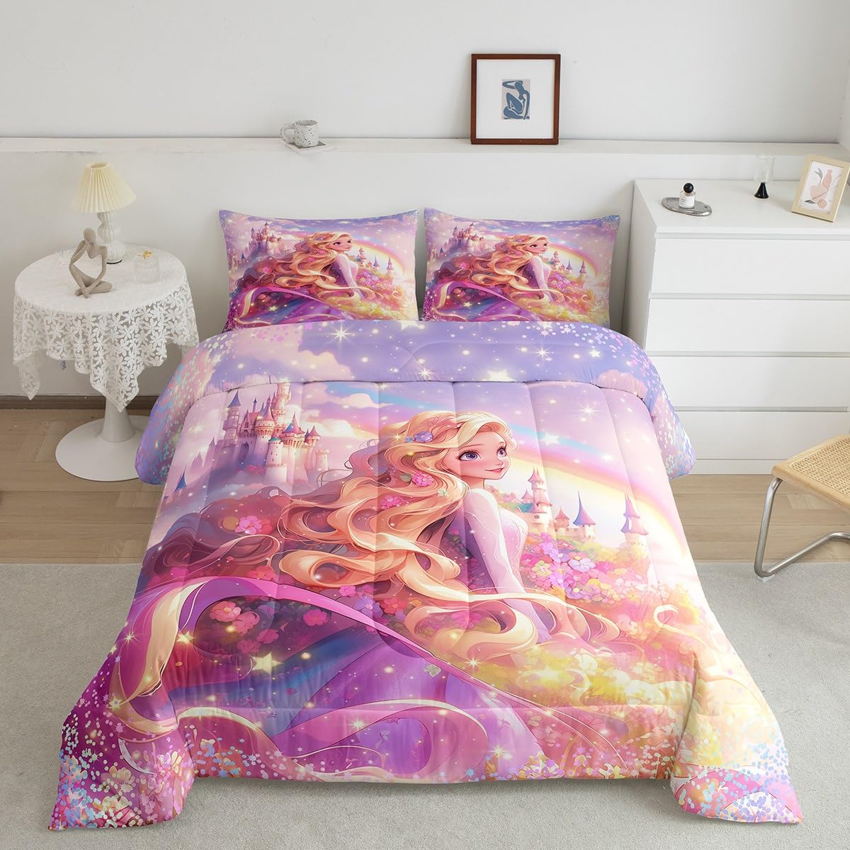 Princess Queen Size Comforter Set 3 Pcs,Fairy Tale Dreamy Castle Down Alternative Bedroom Decor,Watercolor Flowers Rainbow Starr