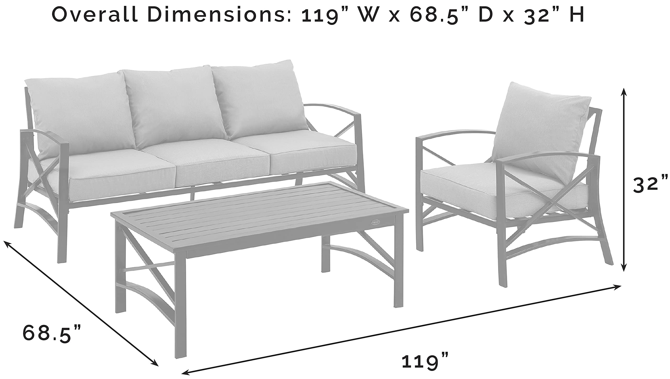 Crosley Furniture Kaplan 3-Piece Outdoor Sofa Patio Furniture Set, Conversation Sets For Porch, Deck, Oiled Bronze With Mist Cushions