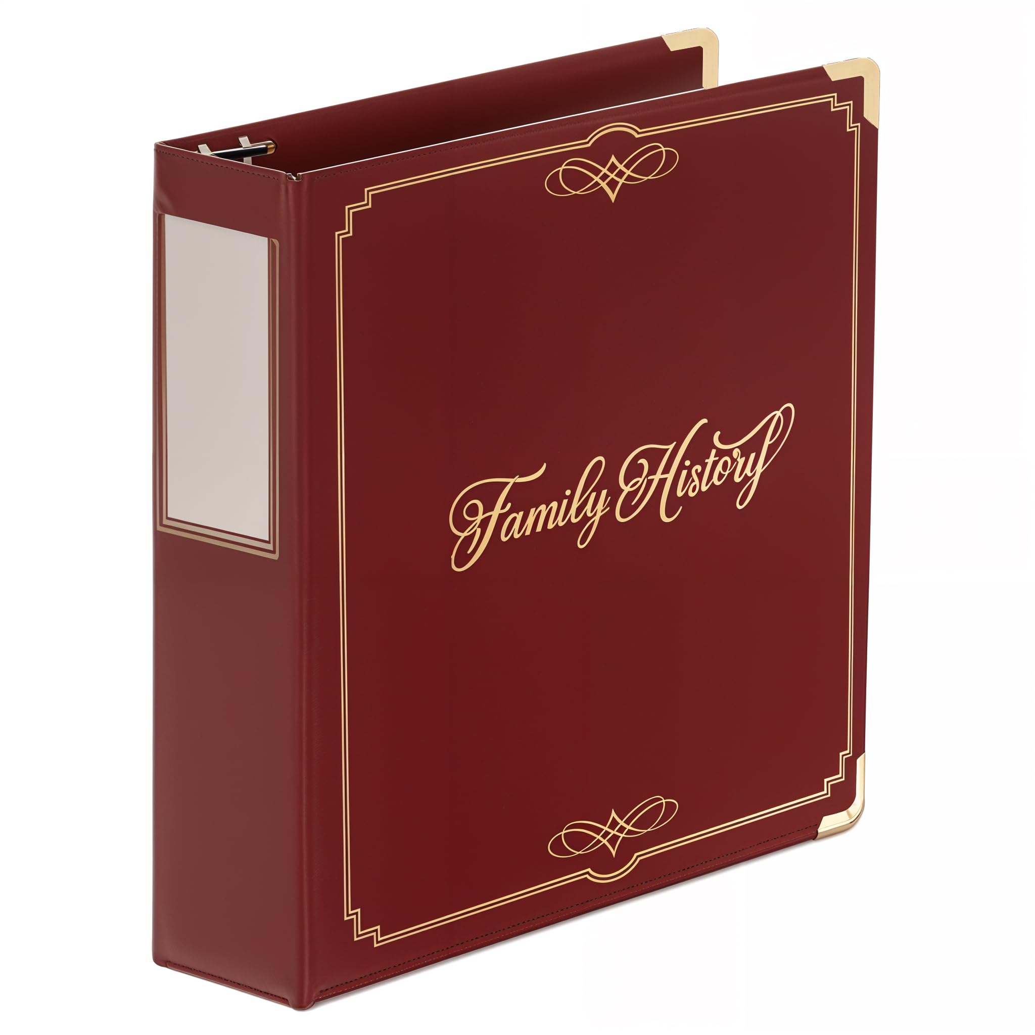 Performore Family History/Genealogy 3 Inch Ring Binder, Burgundy, Stitched Padded Cover With Gold Corners And Artwork, Includes