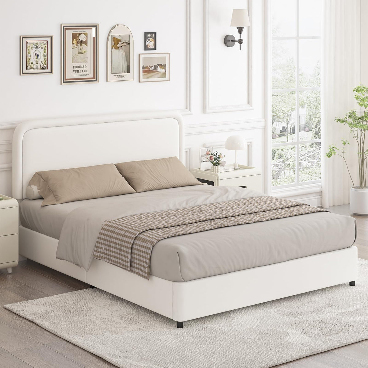 Upholstered Bed Frame Full, Faux Leather Platform Bed With Curved Headboard, Classic Color-Block Design, Soft Rounded Corners, N