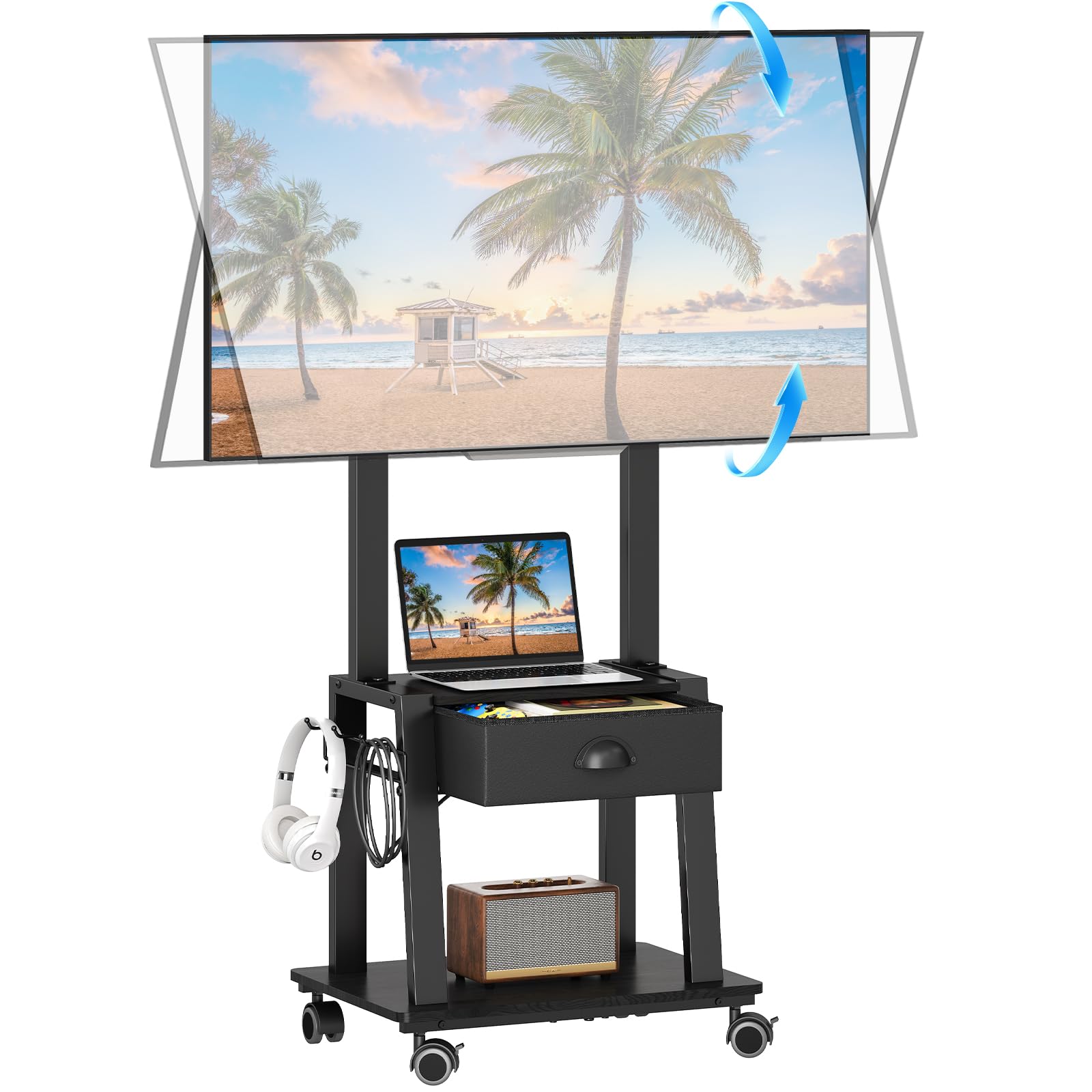 Mobile TV Stand with Drawer for 23-60 Inch Flat/Curved Screen,Tilt Rolling TV Cart on Wheels with 2 Shelves Adjustable Height Po
