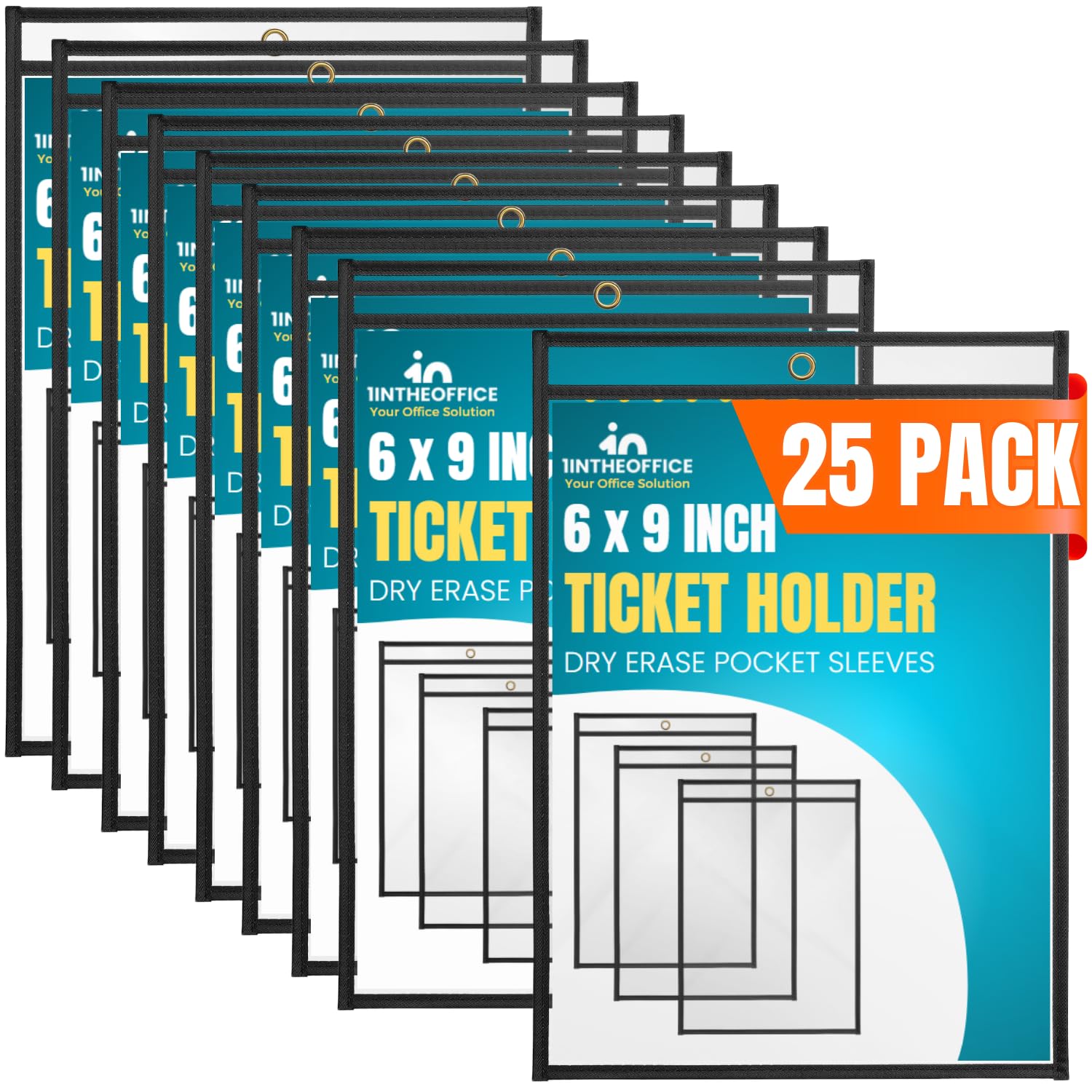 1Intheoffice Job Ticket Holders 6X9, Heavy Duty, Clear Black Sleeves Shop Ticket Holders, Dry Erase Pocket Sleeves, 25/Pack