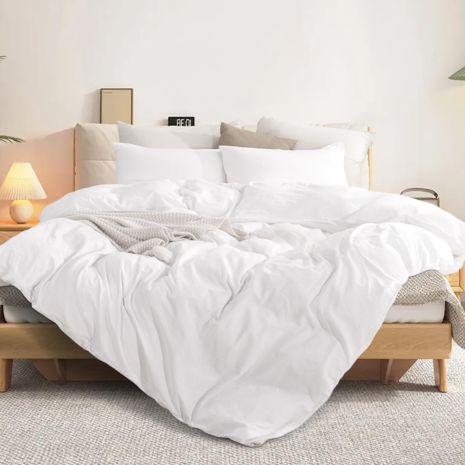 Nexhome Pro Duvet Cover Set 100% Washed Cotton Full Size Linen Feel Textured Organic Natural 3 Pieces Bedding Set With Zipper Closure And Corner Ties, Breathable And Soft (White, No Comforter)