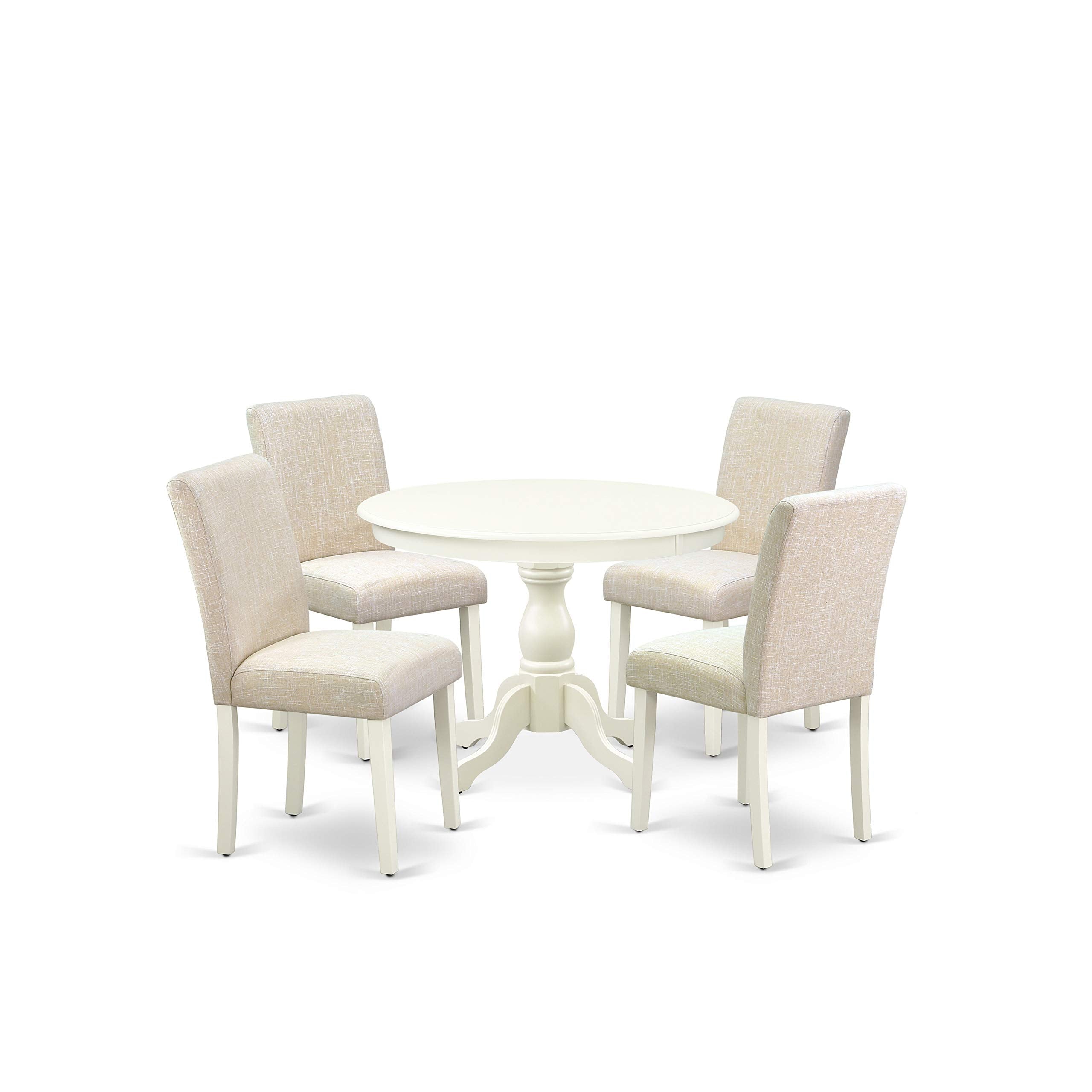 East West Furniture HBAB5-LWH-02 Hartland 5 Piece Room Set Includes a Round Dining Table with Pedestal and 4 Light Beige Linen Fabric Upholstered Parson Chairs, 42x42 Inch