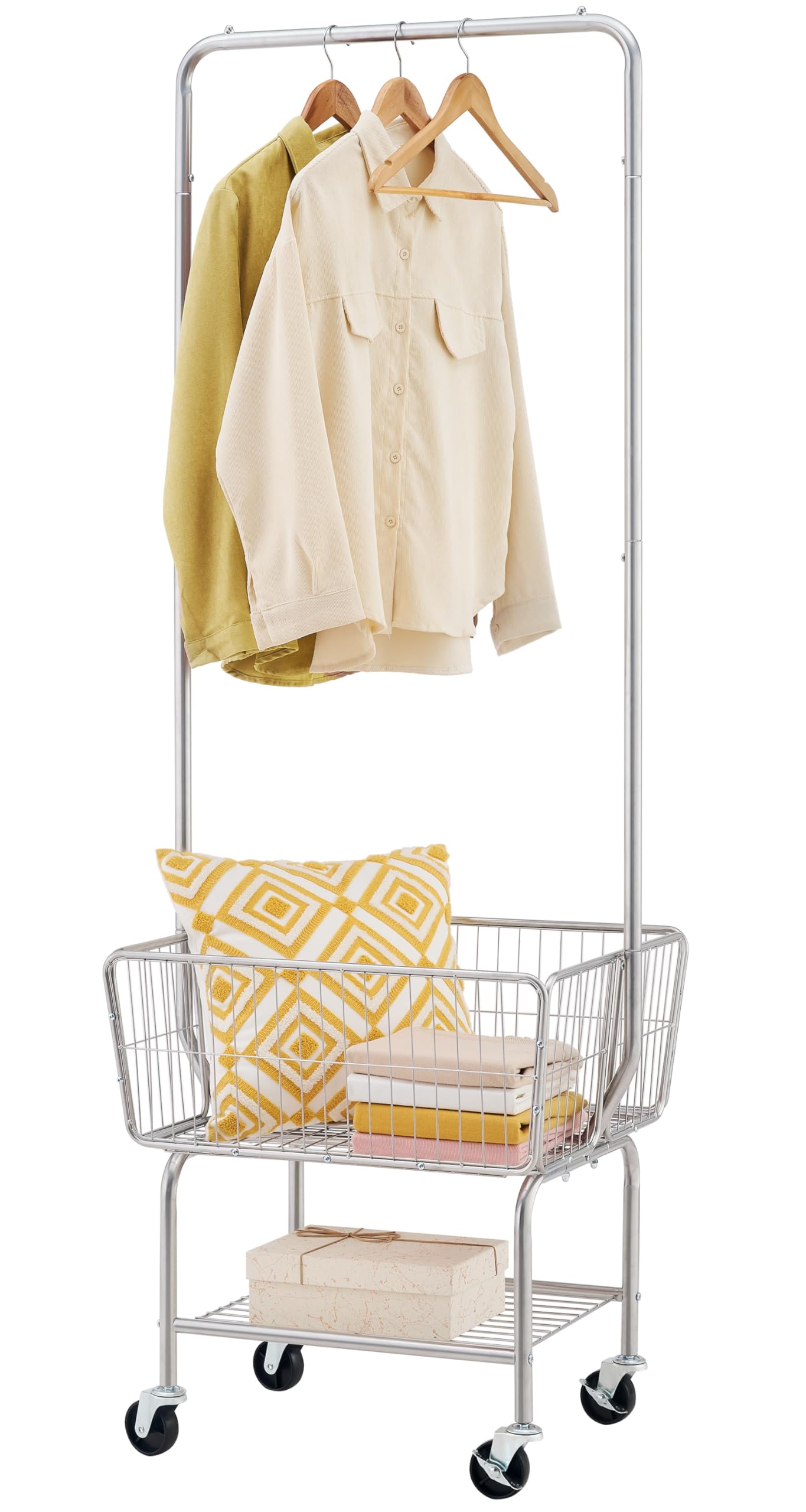 Tajsoon Laundry Cart with Hanging Rack, Metal Laundry Basket with Wheels, Laundry Hamper with Storage Basket, Rolling Laundry Ca
