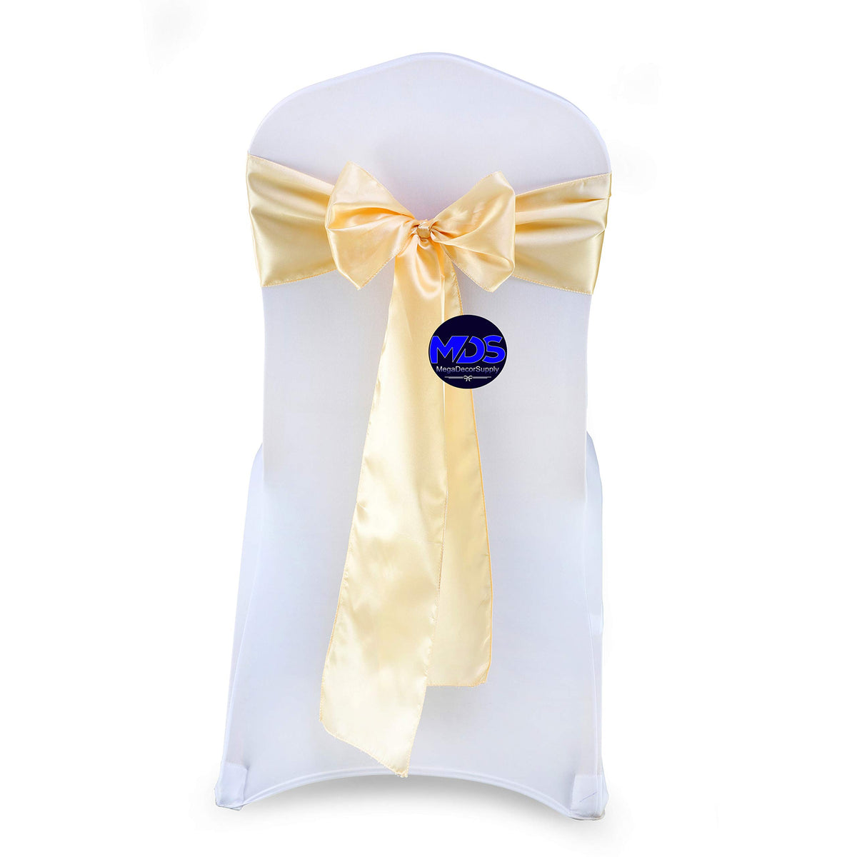Mds Pack Of 100 Pcs Satin Chair Sashes Charmeuse Sateen Dining Chair Bows Ribbon Ties Back Sash For Wedding Party Birthday Home Hotel Restaurant Banquet Decoration (7 X 108 Inch, Light Gold)