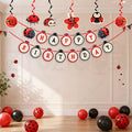 Zyozique Ladybug Theme Happy Birthday Paper Banner with Hanging Swirls, Red & Black, Birthday Party Decorations Set, Ladybug Bir