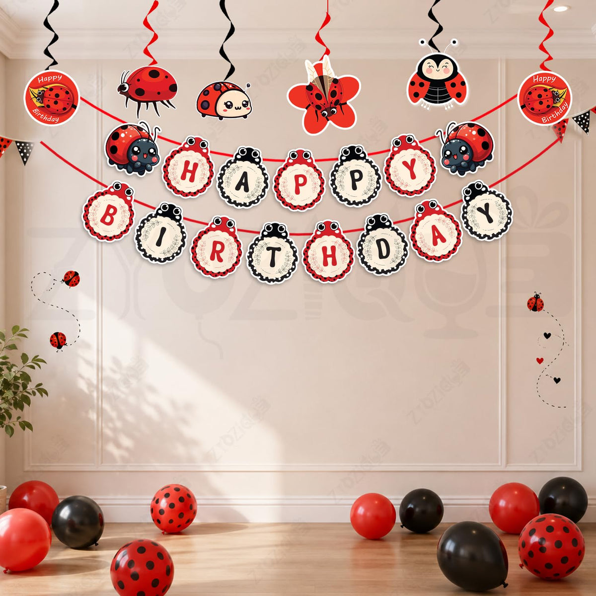 Zyozique Ladybug Theme Happy Birthday Paper Banner with Hanging Swirls, Red & Black, Birthday Party Decorations Set, Ladybug Bir