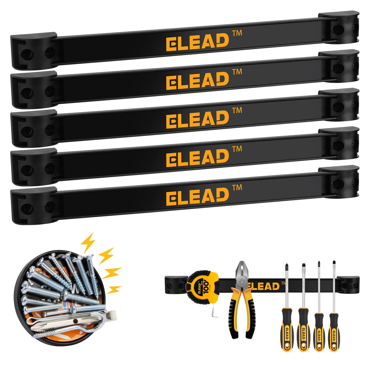 Magnetic Storage Organizer Tool Holder - 6-Piece Wall Mount Rack Garage Organization Power Magnet Hanger Workbench Board Slatwal